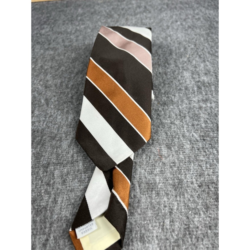 Vintage Beau Brummel Tie Mens One Size Brown Tan Cream Striped Polyester Necktie